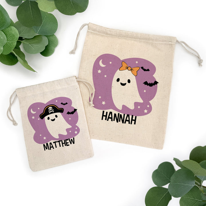 Custom Drawstring Bags, Halloween Gift Bags, Custom Kid's Name Goodie Bags, Ghosts with Hats