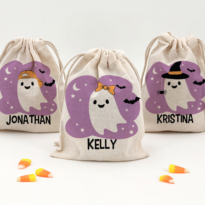 Custom Drawstring Bags, Halloween Gift Bags, Custom Kid's Name Goodie Bags, Ghosts with Hats