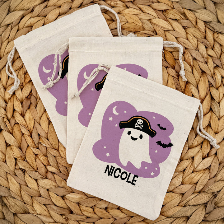 Custom Drawstring Bags, Halloween Gift Bags, Custom Kid's Name Goodie Bags, Ghosts with Hats
