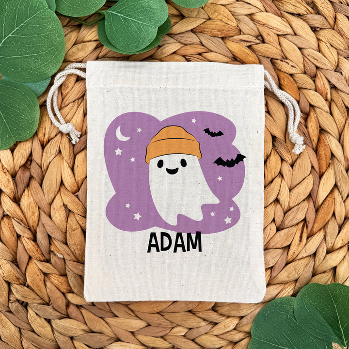 Custom Drawstring Bags, Halloween Gift Bags, Custom Kid's Name Goodie Bags, Ghosts with Hats