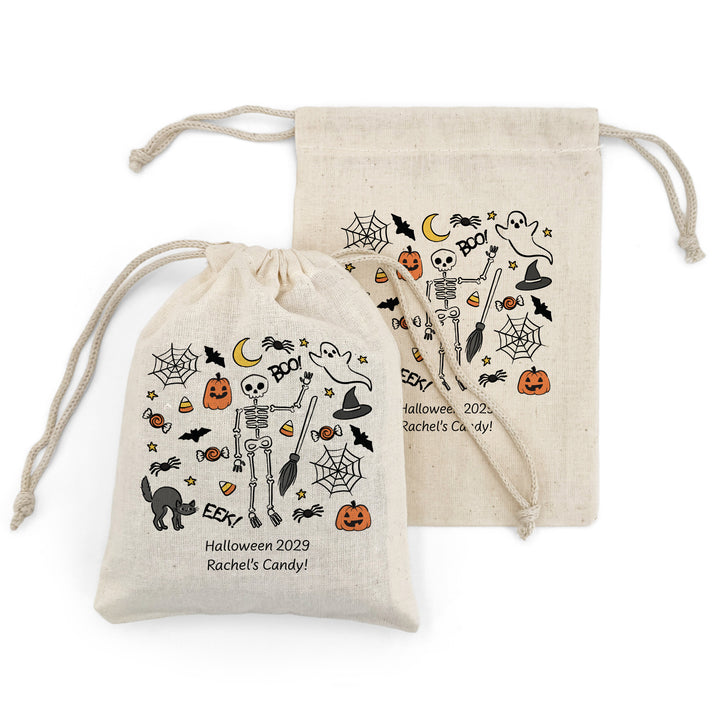 Custom Drawstring Bags, Halloween Gift Bags, Custom Goodie Bags, Doodle Halloween Treat Bags