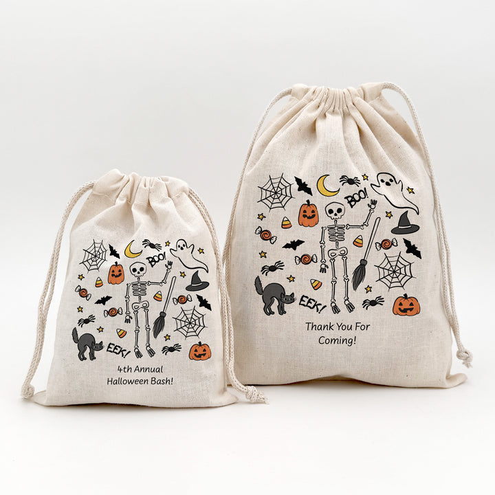 Custom Drawstring Bags, Halloween Gift Bags, Custom Goodie Bags, Doodle Halloween Treat Bags