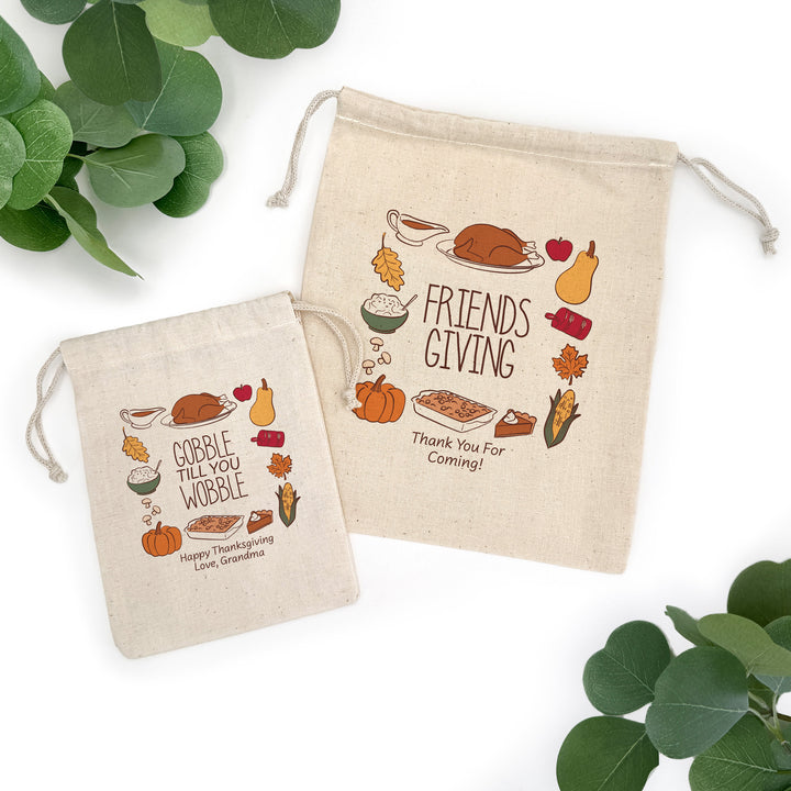 Custom Drawstring Bags, Thanksgiving Gift Bags, Friendsgiving Party, Thanksgiving Doodles