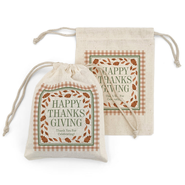 Custom Drawstring Bags, Thanksgiving Gift Bags, Friendsgiving Party, Fall Leaves and Gingham Bags