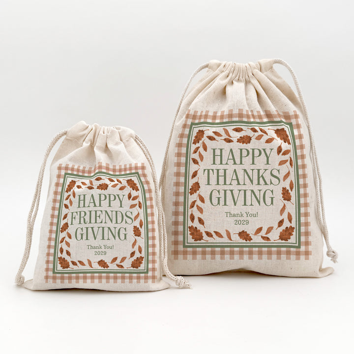 Custom Drawstring Bags, Thanksgiving Gift Bags, Friendsgiving Party, Fall Leaves and Gingham Bags