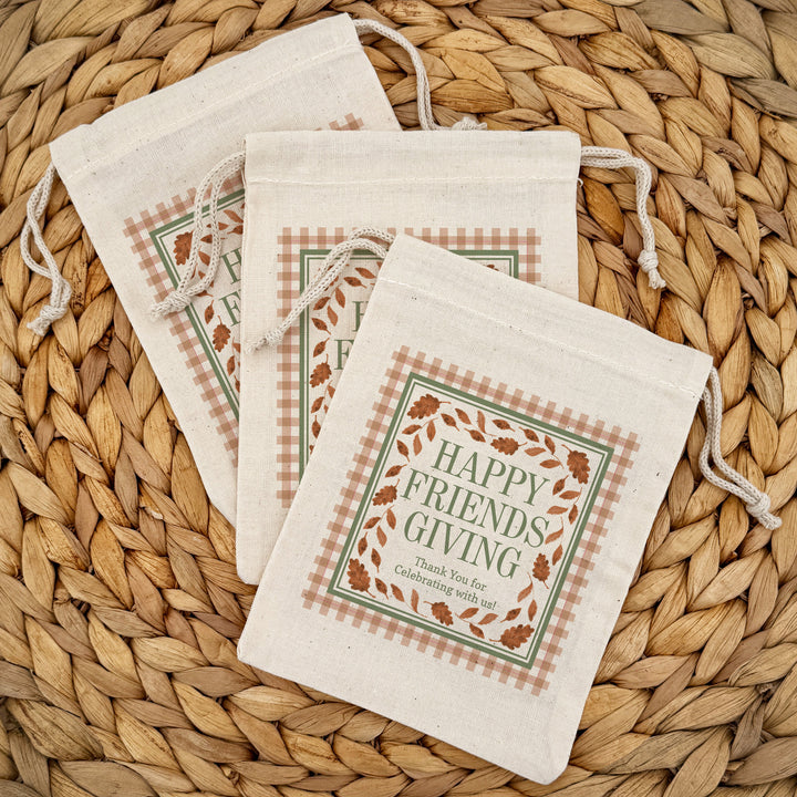Custom Drawstring Bags, Thanksgiving Gift Bags, Friendsgiving Party, Fall Leaves and Gingham Bags