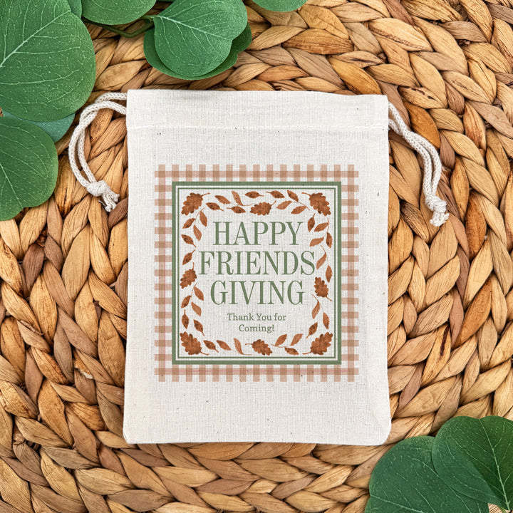 Custom Drawstring Bags, Thanksgiving Gift Bags, Friendsgiving Party, Fall Leaves and Gingham Bags