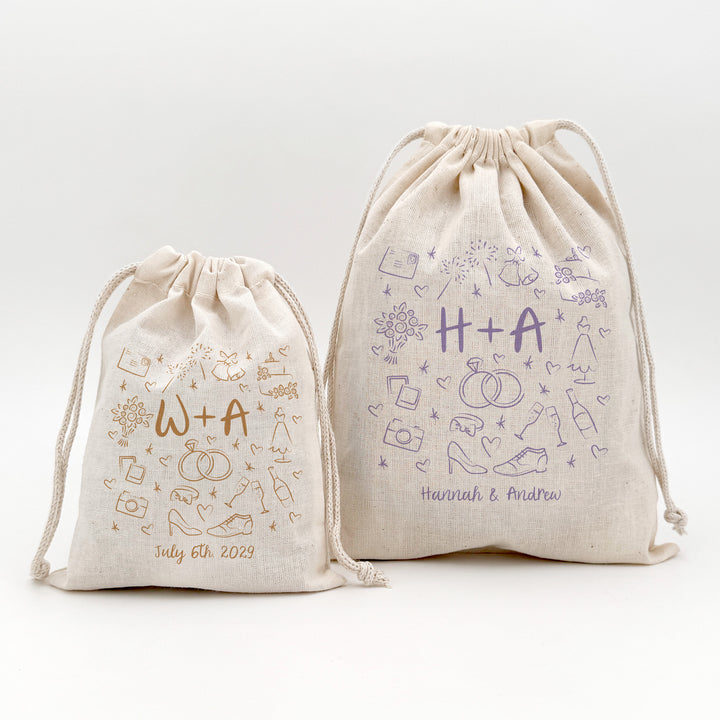 Wedding Sketch Pattern Drawstring Bags