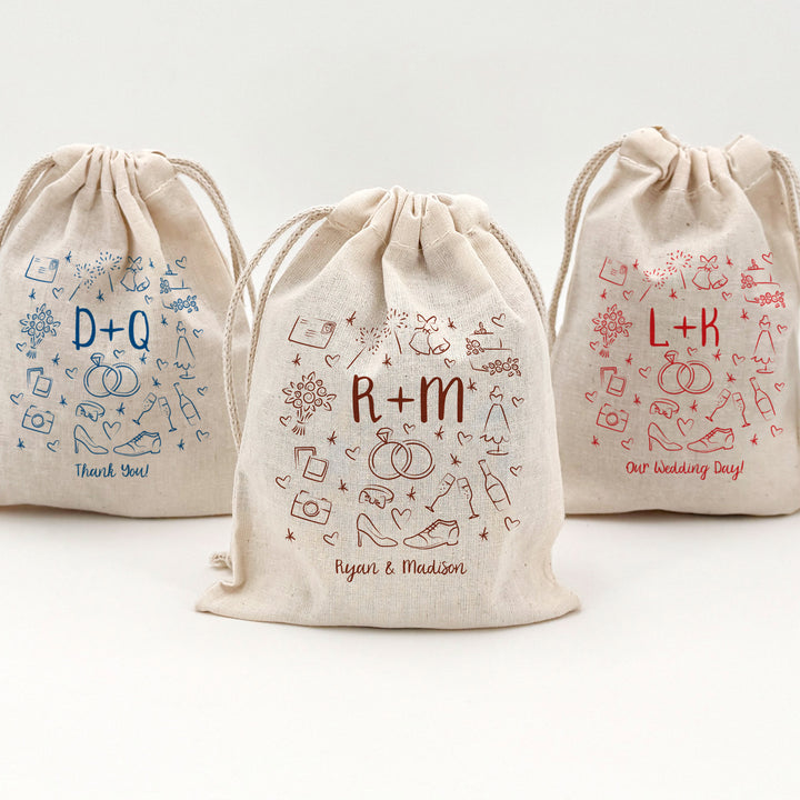 Wedding Sketch Pattern Drawstring Bags