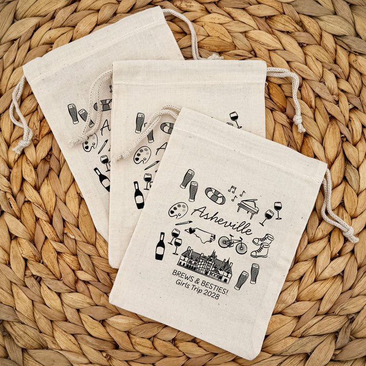 Custom Drawstring Bags, Girls Trip, Asheville Bachelorette Bags