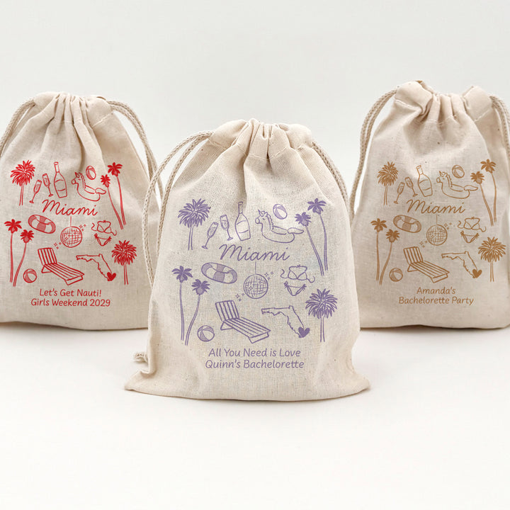 Custom Drawstring Bags, Girls Trip, Miami Bachelorette Bags