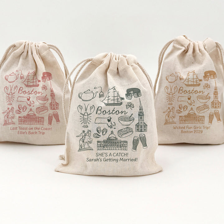 Custom Drawstring Bags, Girls Trip, Boston Bachelorette Bags