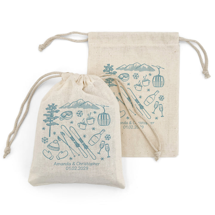 Hand Drawn Ski Pattern Sketch Drawstring Bags