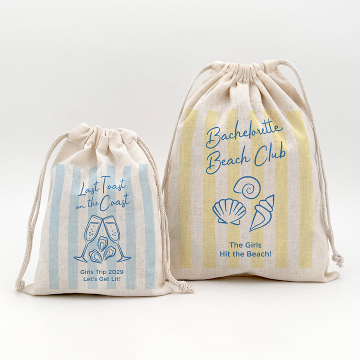 About Last Night, Last Toast on the Coast, Bachelorette Stripe Drawstring Bags
