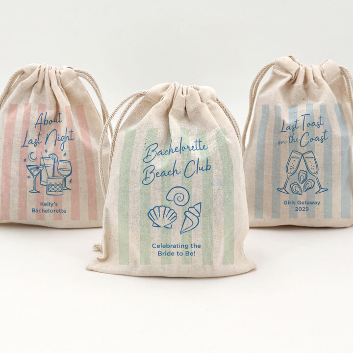 About Last Night, Last Toast on the Coast, Bachelorette Stripe Drawstring Bags