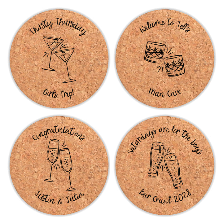 Personalized Round Cork Coasters, Birthday Favors, Sketch Cocktail Glasses