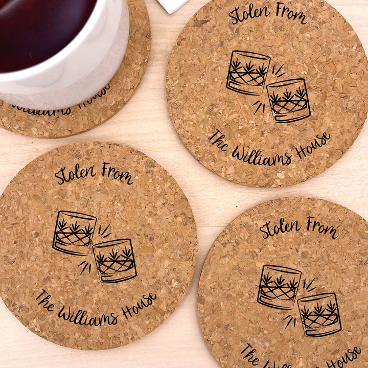 Personalized Round Cork Coasters, Birthday Favors, Sketch Cocktail Glasses