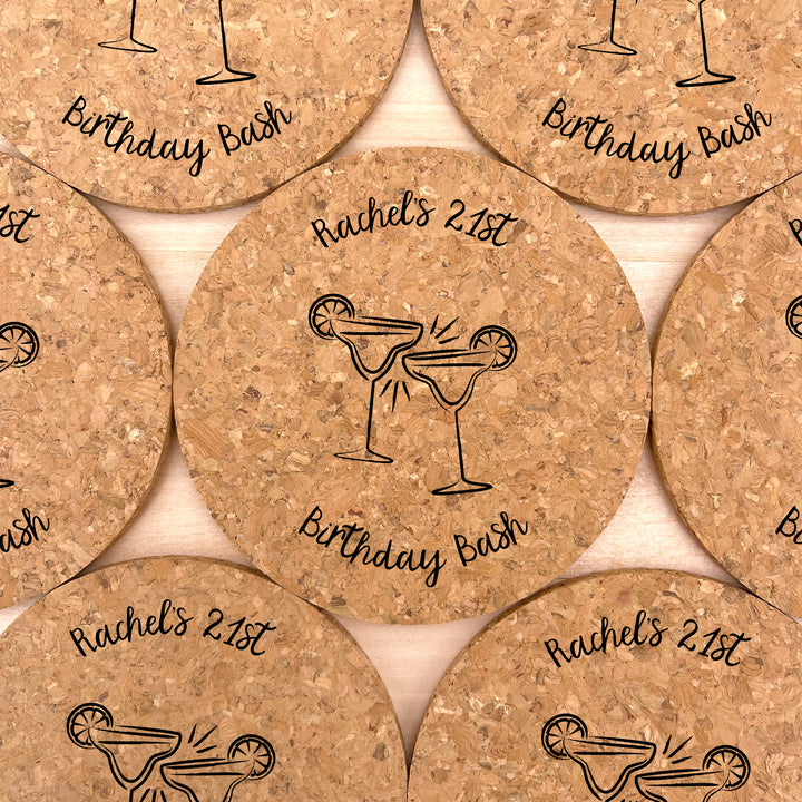Personalized Round Cork Coasters, Birthday Favors, Sketch Cocktail Glasses