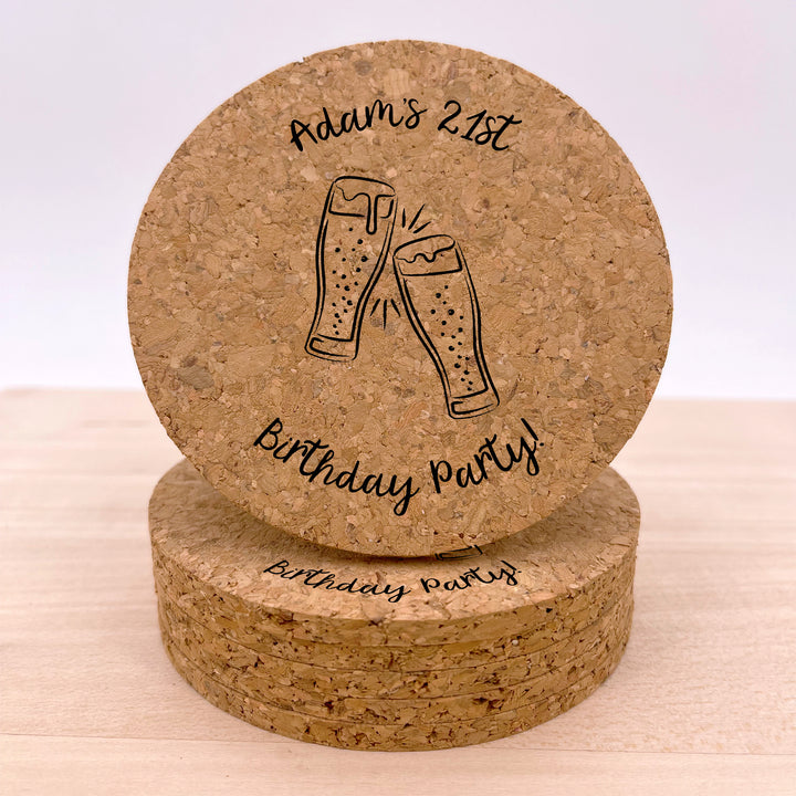 Personalized Round Cork Coasters, Birthday Favors, Sketch Cocktail Glasses