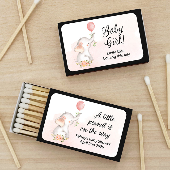 Baby Shower Favor Matches, Baby Girl Elephant (Set of 50)