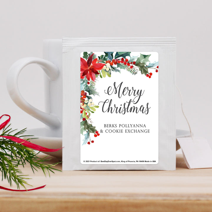 Personalized Christmas Tea Favors, Poinsettia Traditional Christmas Tea Party