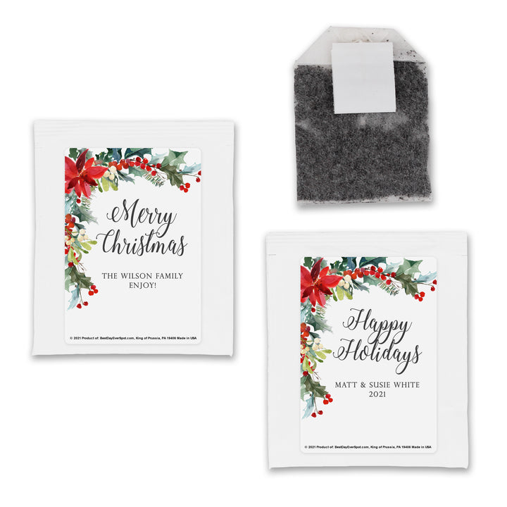 Personalized Christmas Tea Favors, Poinsettia Traditional Christmas Tea Party