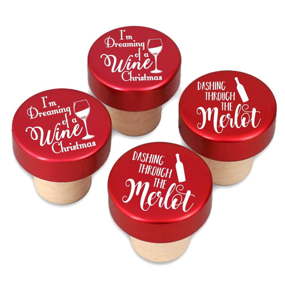 Wine Stoppers, Merlot Christmas Sayings Bottle Stoppers, Red - Set of 4