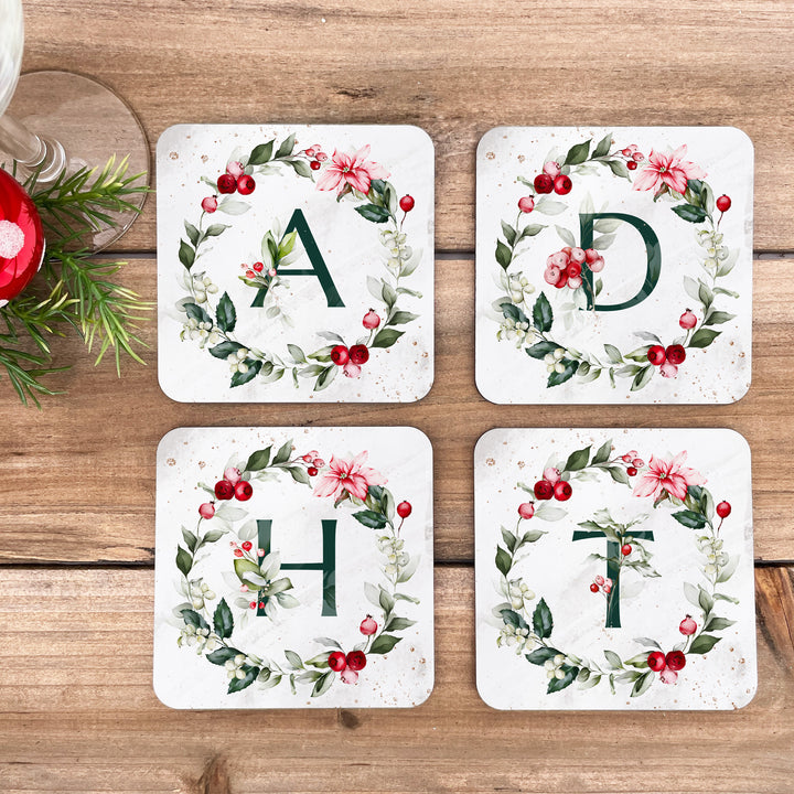Initial Christmas Coasters, Personalized Poinsettia & Berry Coaster