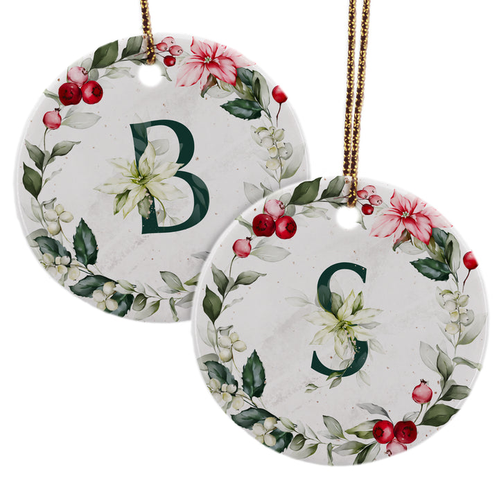 Christmas Initial Ornament, Personalized Poinsettia & Berry Floral Ornament