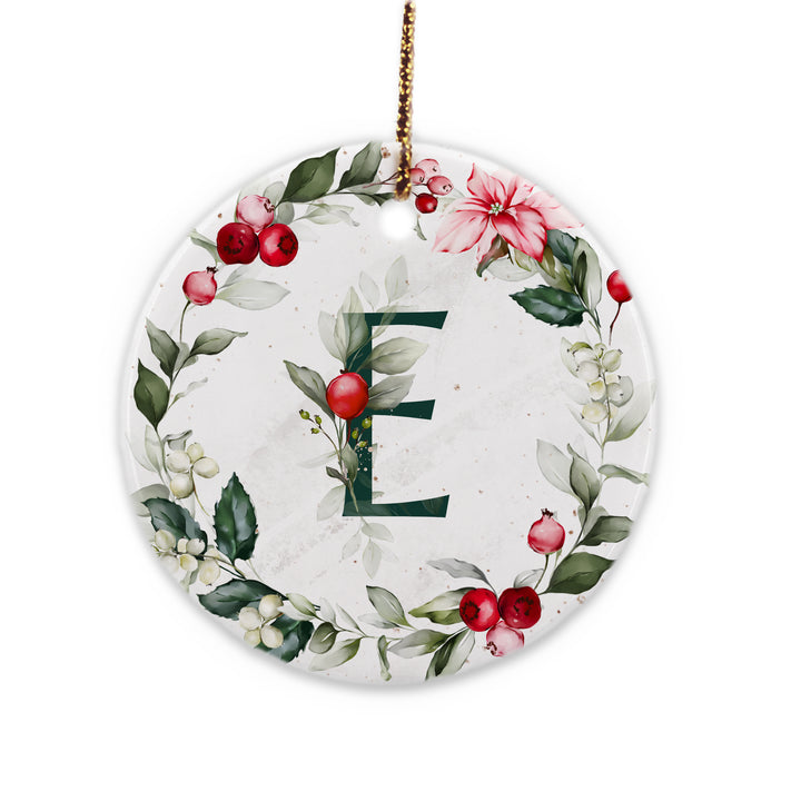Christmas Initial Ornament, Personalized Poinsettia & Berry Floral Ornament
