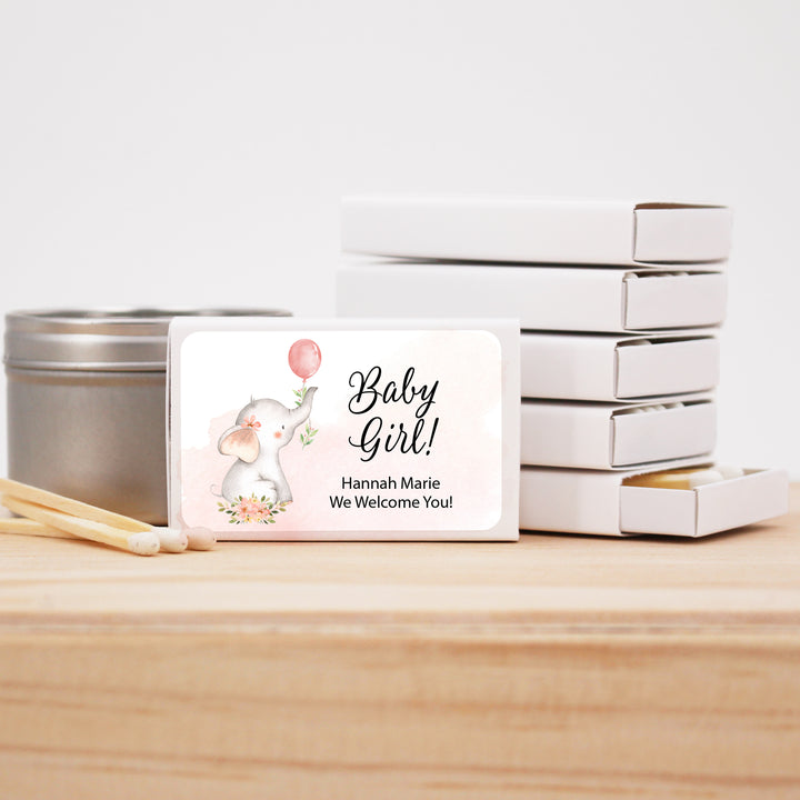 Baby Shower Favor Matches, Baby Girl Elephant (Set of 50)