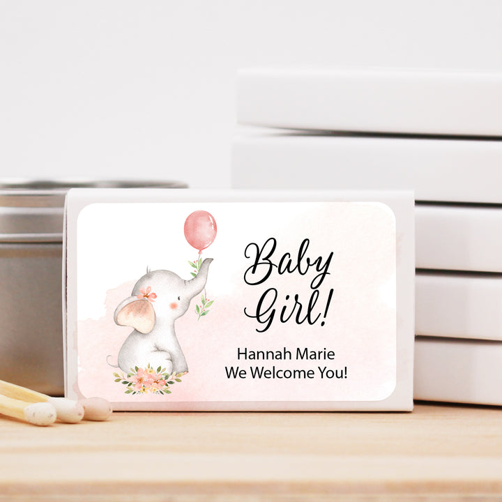Baby Shower Favor Matches, Baby Girl Elephant (Set of 50)