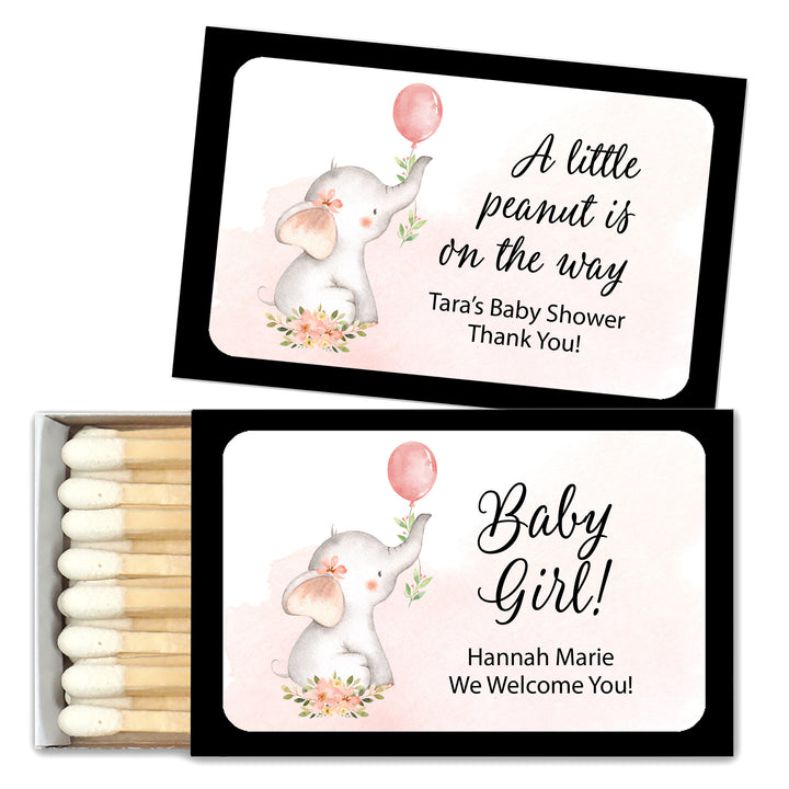 Baby Shower Favor Matches, Baby Girl Elephant (Set of 50)