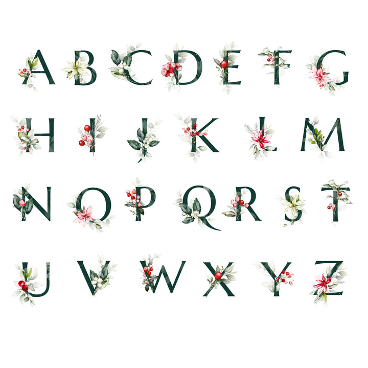 Christmas Initial Ornament, Personalized Poinsettia & Berry Floral Ornament