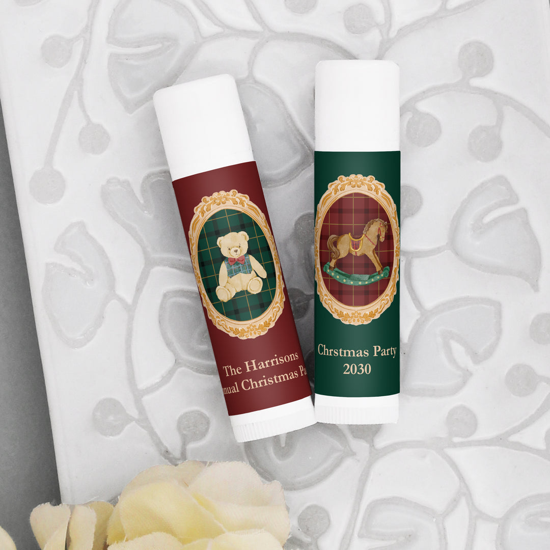 Traditional Christmas Lip Balm, Personalized Holiday Stocking Stuffers, Gold Frame Christmas Lip Balm