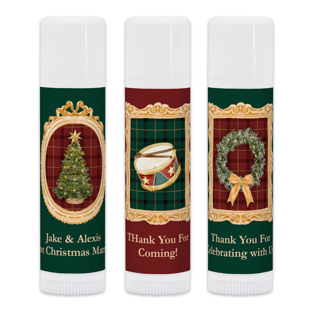 Traditional Christmas Lip Balm, Personalized Holiday Stocking Stuffers, Gold Frame Christmas Lip Balm