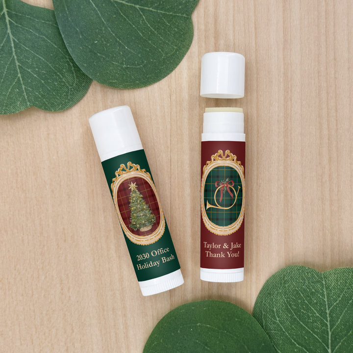 Traditional Christmas Lip Balm, Personalized Holiday Stocking Stuffers, Gold Frame Christmas Lip Balm