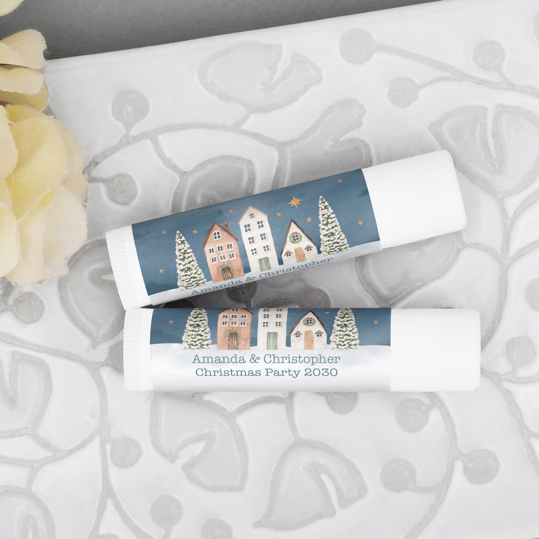 Christmas Lip Balm, Personalized Holiday Stocking Stuffers, Watercolor Christmas Village