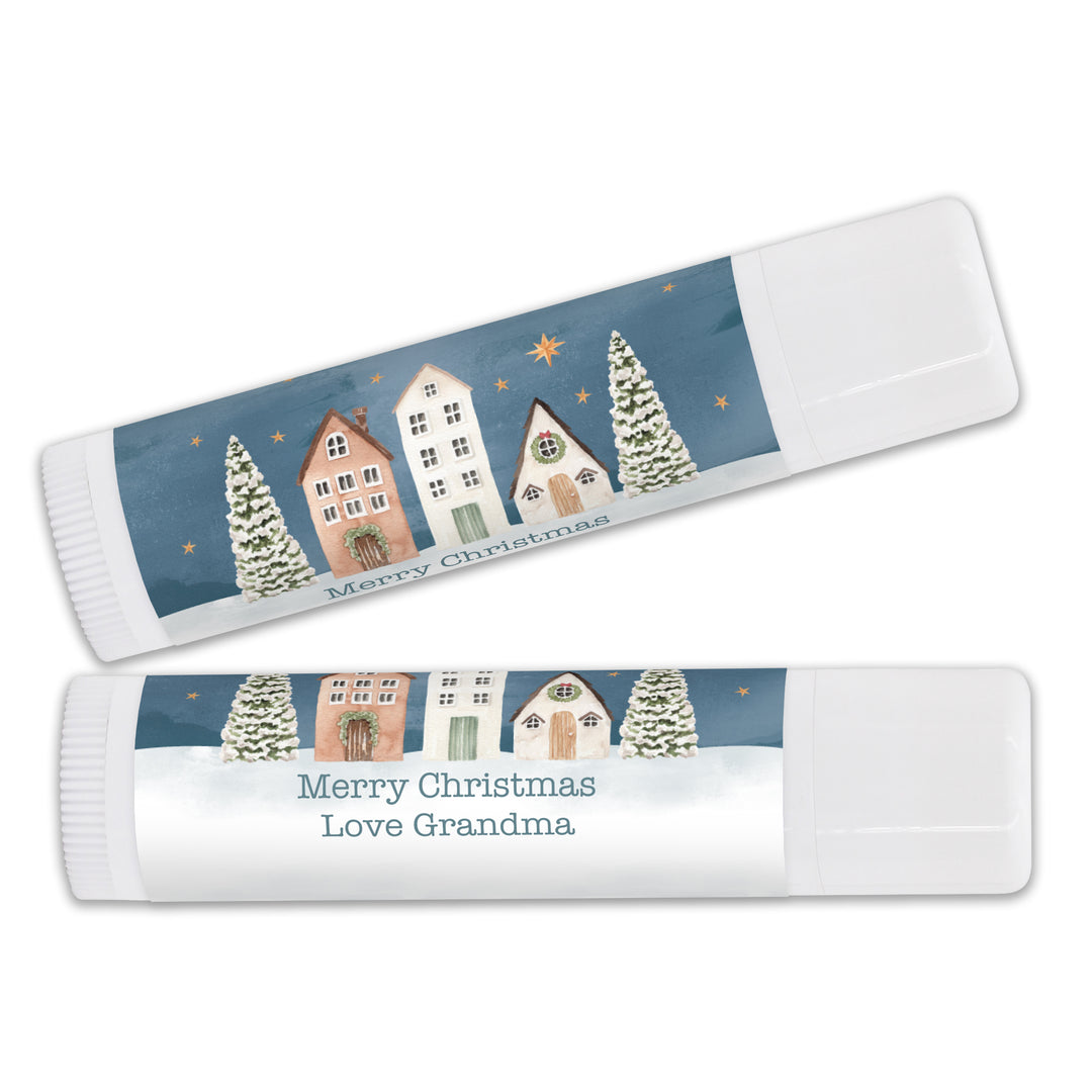 Christmas Lip Balm, Personalized Holiday Stocking Stuffers, Watercolor Christmas Village