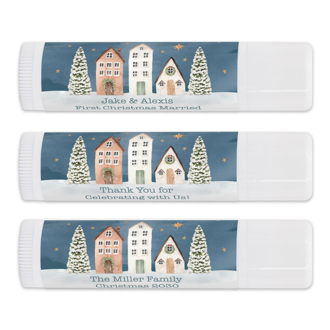 Christmas Lip Balm, Personalized Holiday Stocking Stuffers, Watercolor Christmas Village