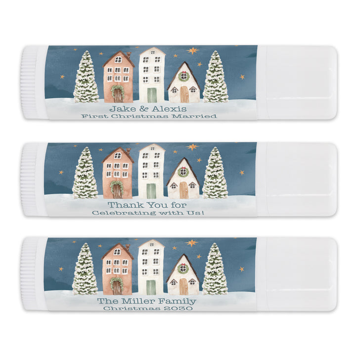 Christmas Lip Balm, Personalized Holiday Stocking Stuffers, Watercolor Christmas Village