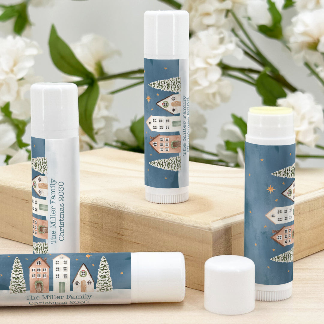 Christmas Lip Balm, Personalized Holiday Stocking Stuffers, Watercolor Christmas Village
