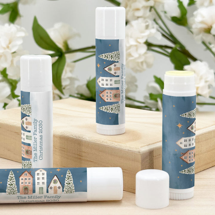 Christmas Lip Balm, Personalized Holiday Stocking Stuffers, Watercolor Christmas Village