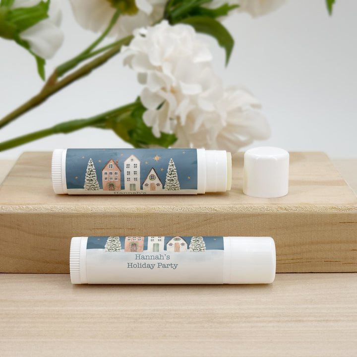 Christmas Lip Balm, Personalized Holiday Stocking Stuffers, Watercolor Christmas Village