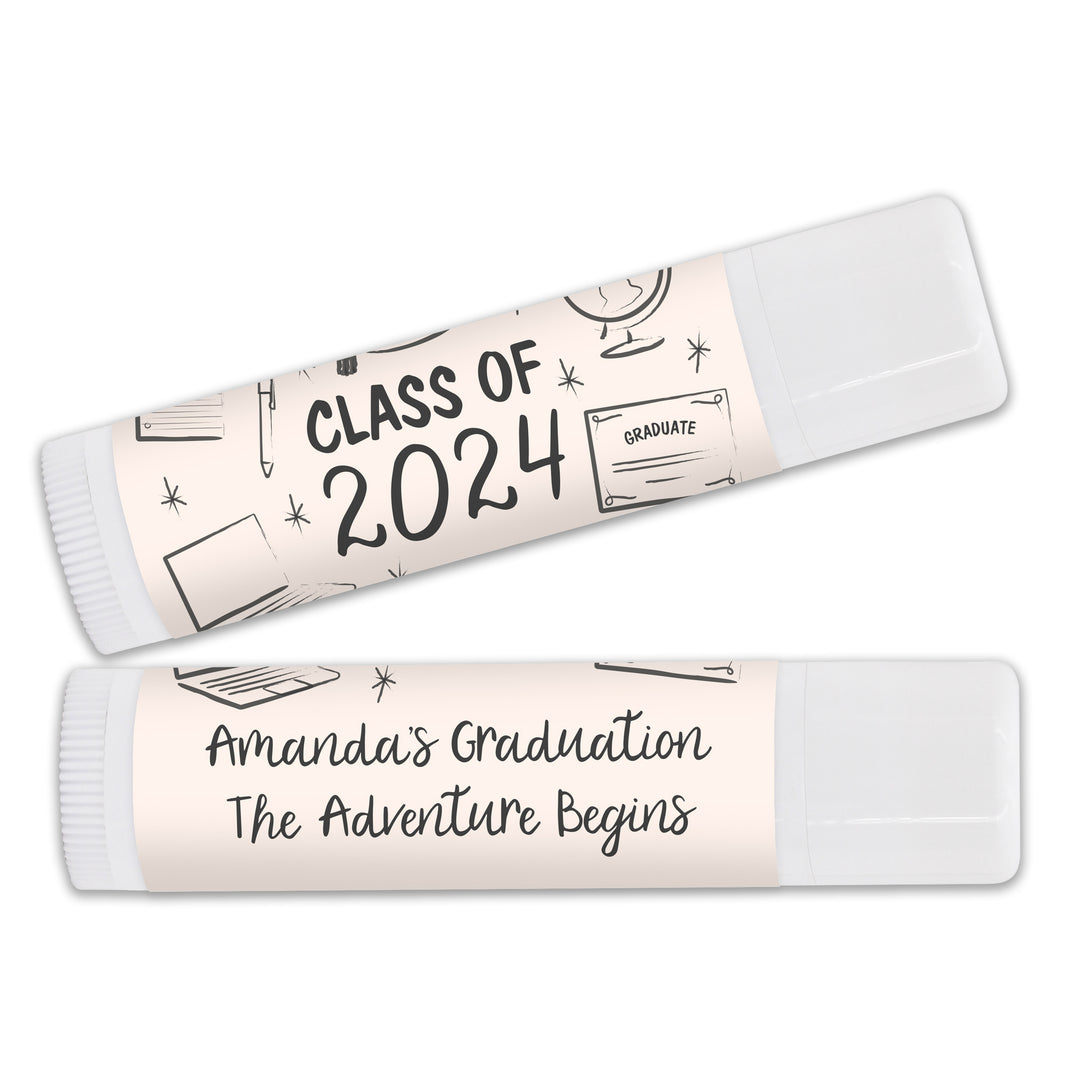 Personalized Lip Balm Graduation Favors, Hand Drawn Grad Icon Pattern Sketch