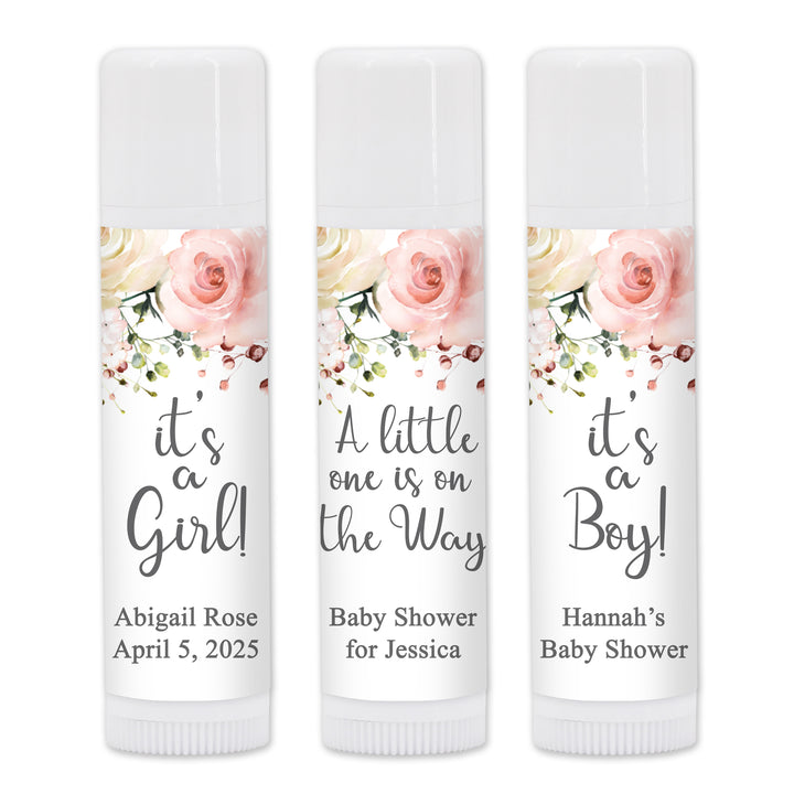 Baby Shower Lip Balm Favors, Custom Lip Balm Favors, Pink Floral Themed Shower Favors