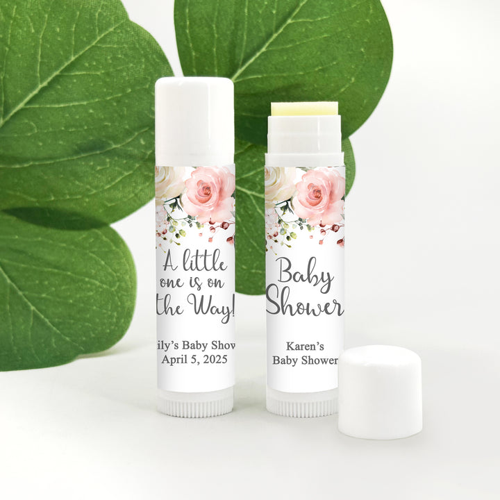 Baby Shower Lip Balm Favors, Custom Lip Balm Favors, Pink Floral Themed Shower Favors