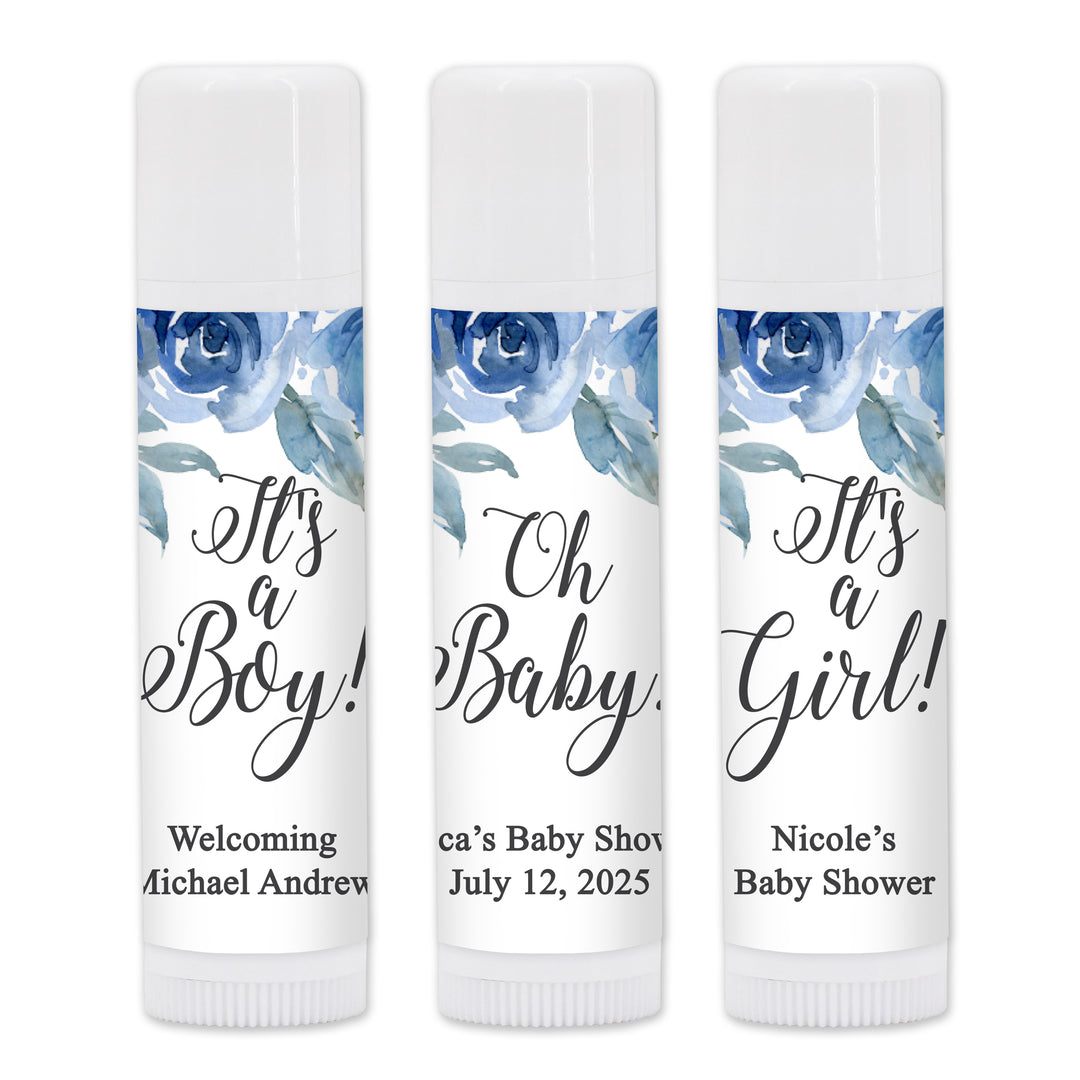 Baby Shower Lip Balm Favors, Custom Lip Balm, Blue Floral Baby Shower Favor