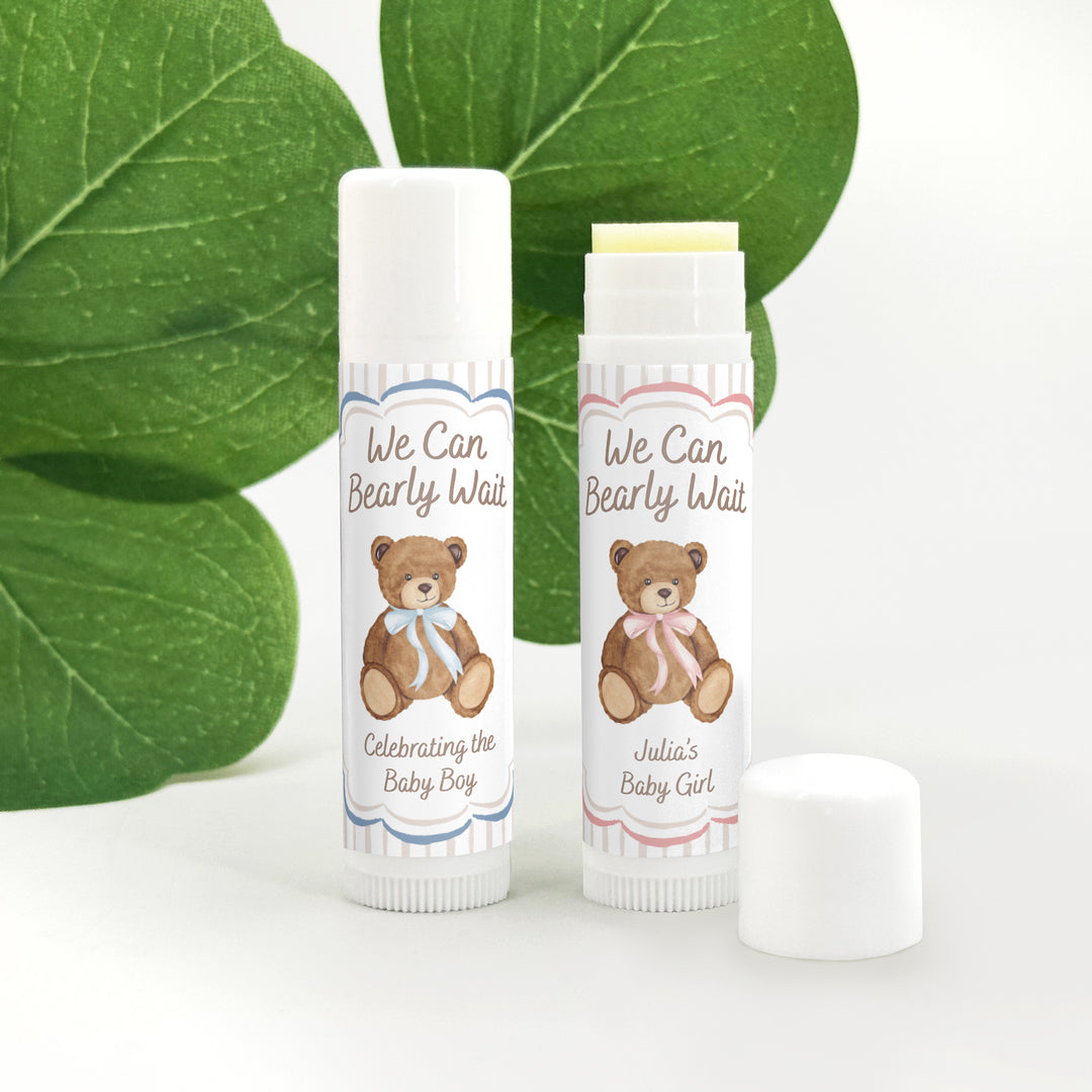 We Can Bearly Wait, Watercolor Bear, Baby Shower Lip Balm
