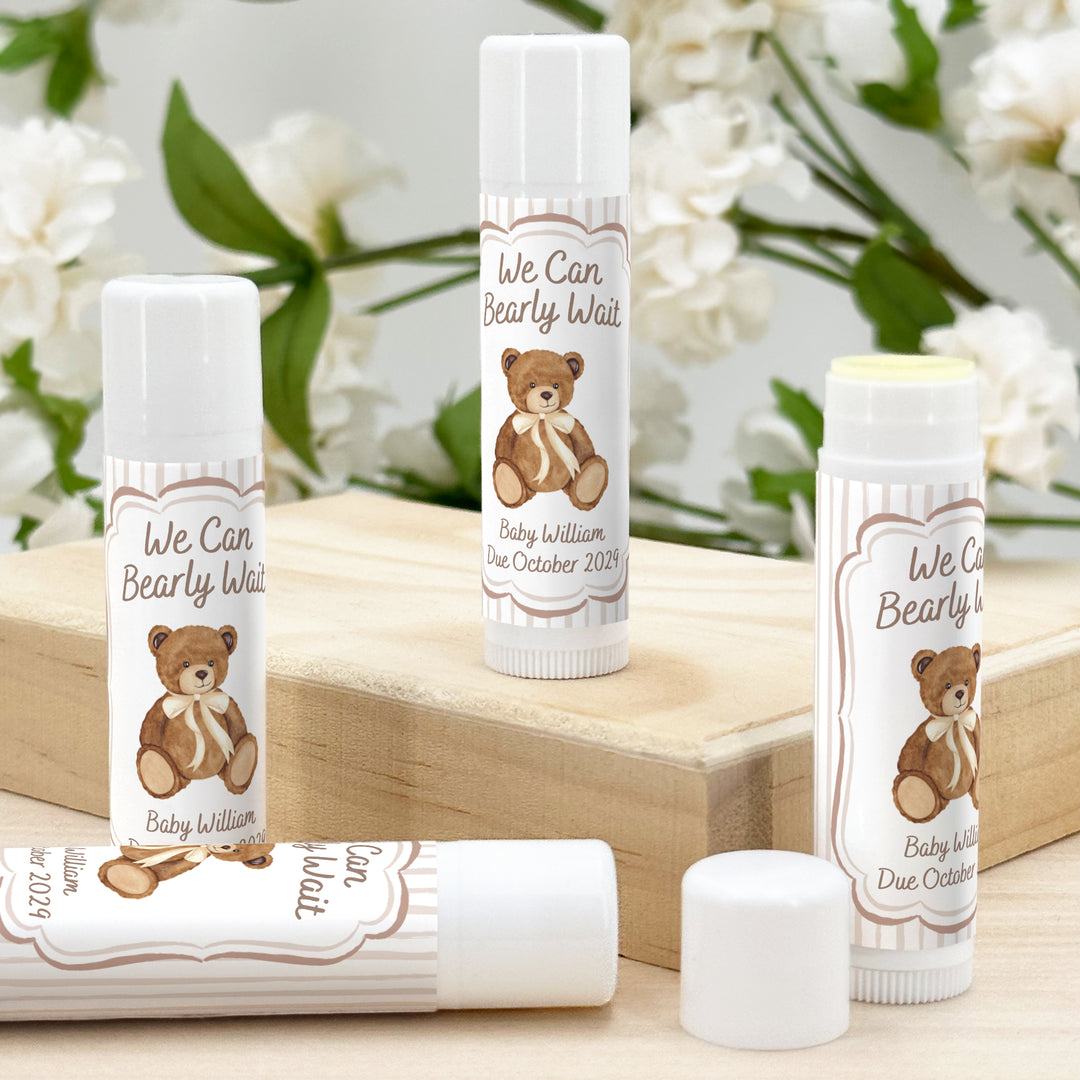 We Can Bearly Wait, Watercolor Bear, Baby Shower Lip Balm